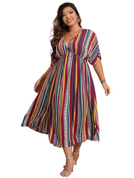 

plus striped and geo print batwing sleeve dress t76k#, Black