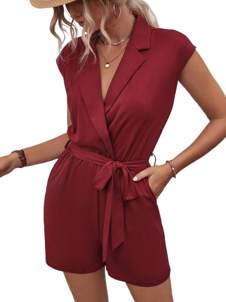 

lapel neck dolman sleeve belted shirt romper j7bm#, Black;white