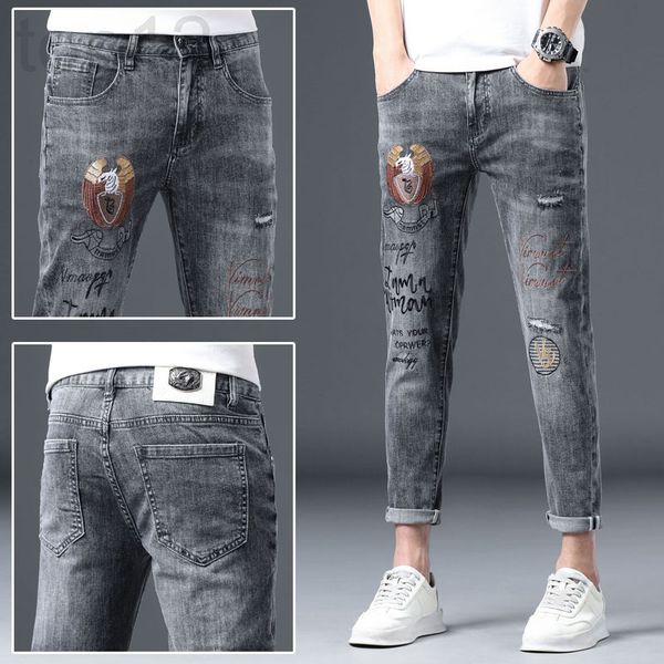 

men's jeans designer embroidered pierced jeans men's small foot nine point pants summer korean slim fit elastic printed 1ibr, Blue