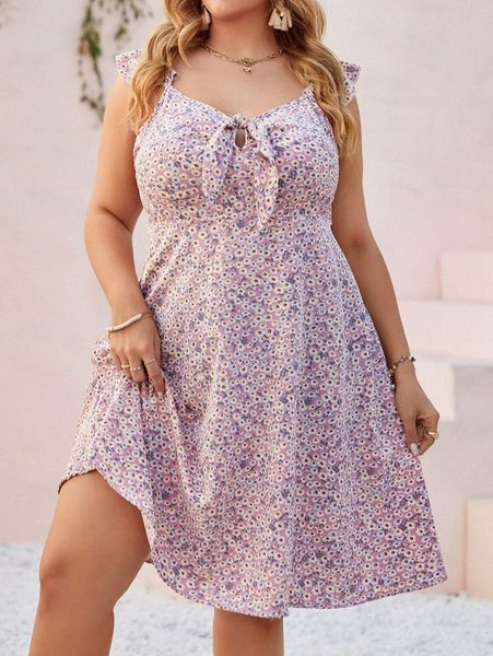 

plus ditsy floral knot front dress e1fn#, Black