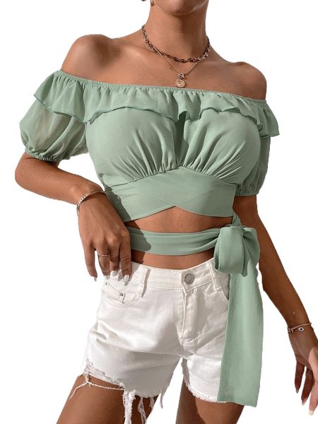 

off shoulder ruffle trim crisscross knot side crop blouse c04o#, White