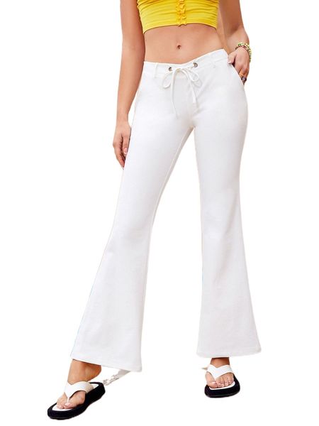 

grommet tie front flare leg pants 25pz#, Black;white