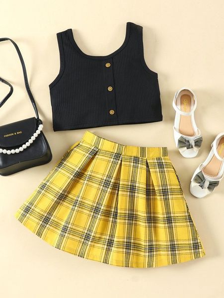 

girls tank & tartan print pleated skirt she, White