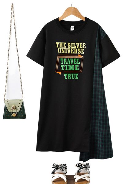 

girls slogan graphic contrast plaid asymmetrical hem dress o2ki#, Black;white