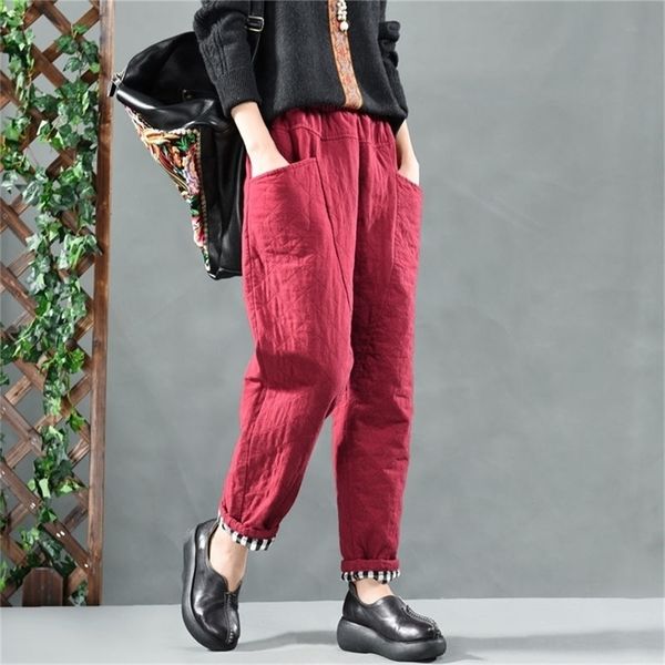 

autumn winter new arts style women elastic waist loose cotton linen harem pants quilted cotton big pocket vintage pants s404 201012, Black;white