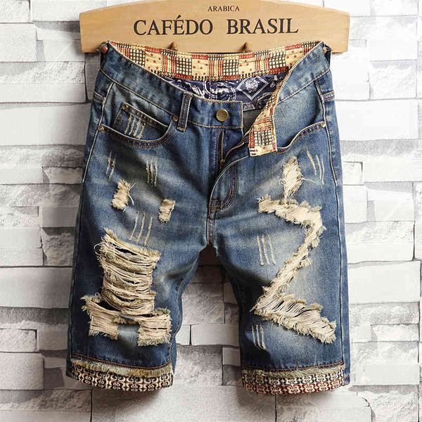 

men's jeans perforated shorts fashion city badge embroidery jeans men 22nu, Blue