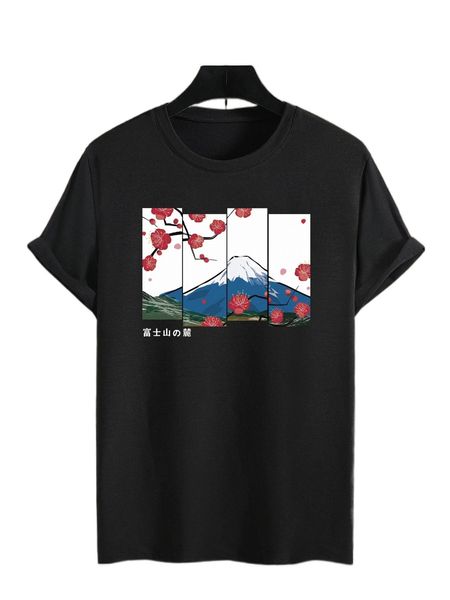 

men floral &japanese letter graphic tee u2ki#, White;black