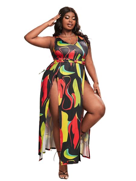 

sxy plus all over print split hem dress t7ap#, Black
