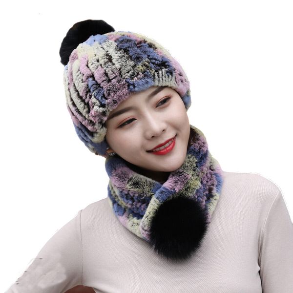 Chapéus de inverno lenço de lenço de mulheres Real Rex Rabbit Fur Beanie Cap Fluffy High Elastic