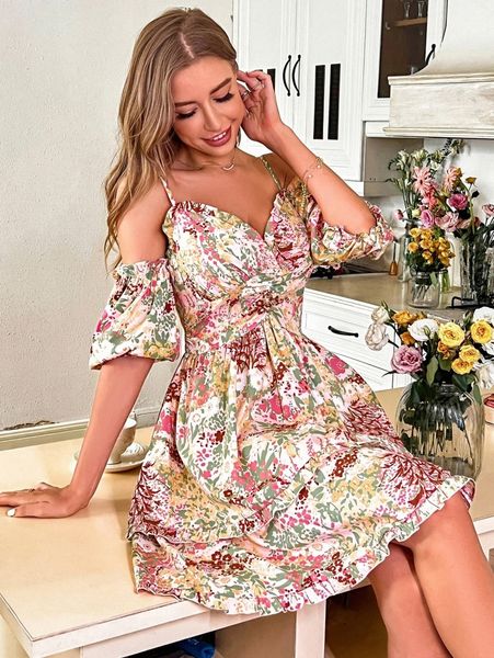 

allover floral cold shoulder a-line dress l4z9#, Black;gray