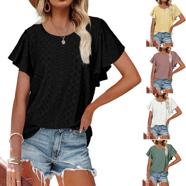 

2022 summer new women's t-shirt loose round neck ruffle sleeve casual chiffon top, White