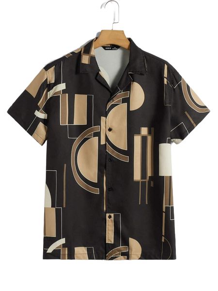 

men geo print lapel neck shirt g3pr#, White;black