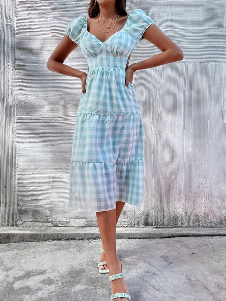 

buffalo plaid sweetheart neck puff sleeve dress q1um#, Black;gray