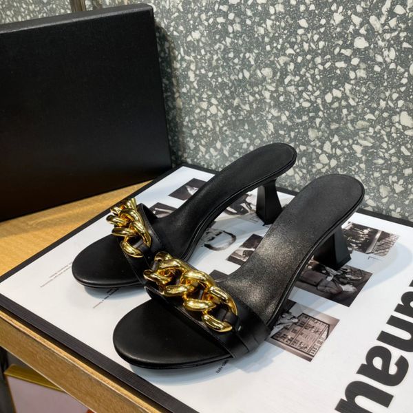 

meduza chain embellished mid-heeled slides sandals slippers black mules leather block heels slip-on round open toe for women luxury designer