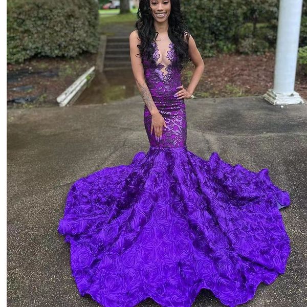 

purple mermaid prom dresses for black girl 2022 sequined appliques sleeveless tight formal evening dress african birthday party gowns