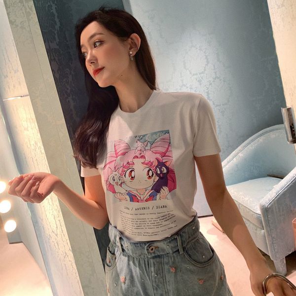 

women's t-shirt designer  family zhao lusi same short sleeve t-shirt 2021 summer pretty girl cute cartoon printed round neck cotton 5z, White