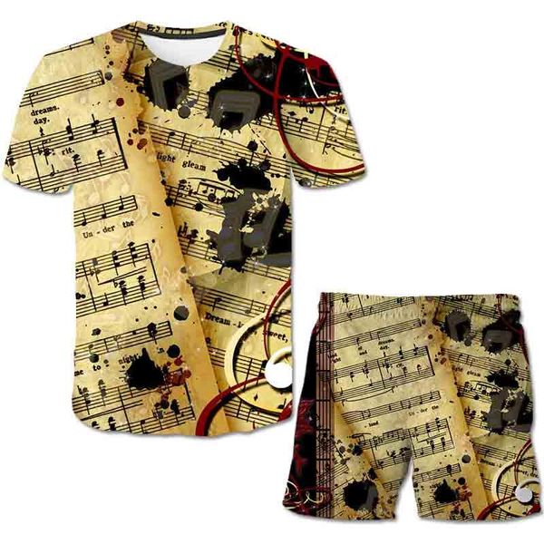 Set di abbigliamento 4-14 anni Bambini Neonati maschi Notazione musicale Vestiti 3D Abito casual con stampa estiva 2 pezzi T-shirt Pantaloncini Abbigliamento per bambini Abbigliamento
