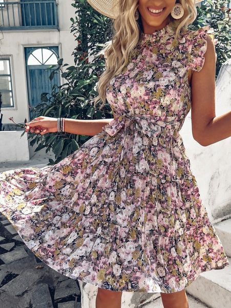 

floral print ruffle hem belted dress p695#, Black;gray