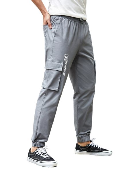 

men drawstring waist slogan graphic flap pocket cargo pants i286#, Black