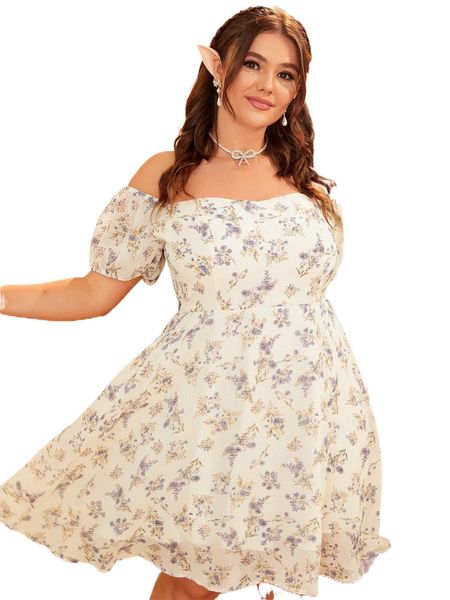 

plus allover floral print off shoulder puff sleeve flowy dress z6ib#, Black