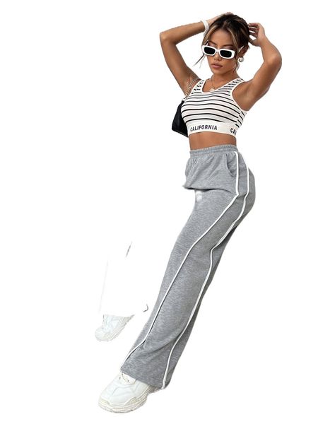 

contrast binding elastic waist sweatpants m6bx#, Black;white