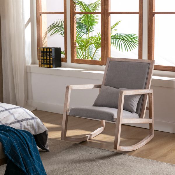 

living room furniture solid wood linen fabric antique white wash painting rocking chair with removable lumbar pillow