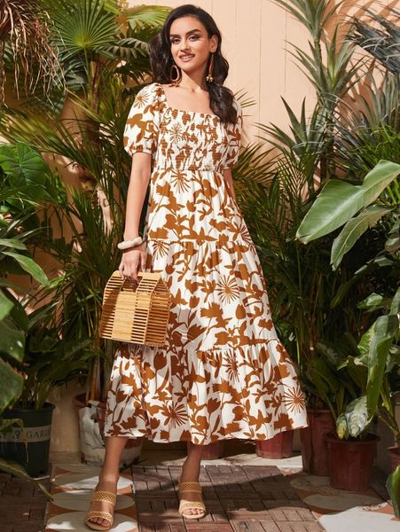 

floral print shirred ruffle hem dress p5te#, Black;gray