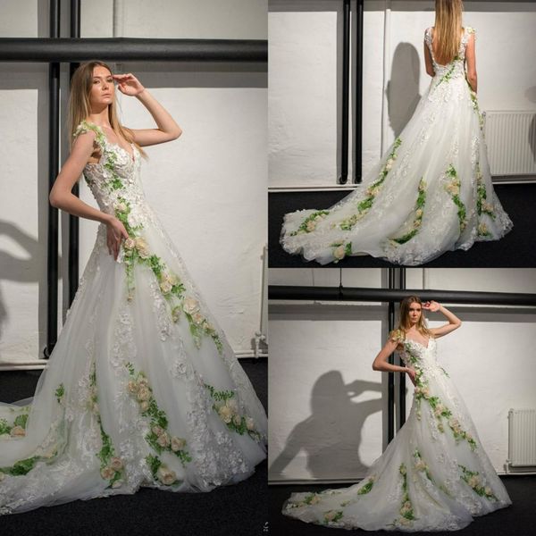 

2022 a-line wedding dresses floral embroidered v neck handmade flowers a line bohemian wedding dress backless country robes de mariee, White