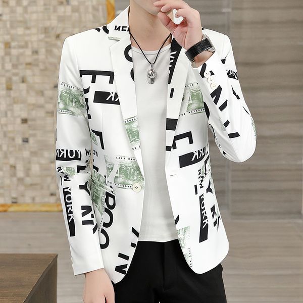 

men blazers spring business casual male slim fit letter printing suit jackets/dress coat branded male clothing, White;black