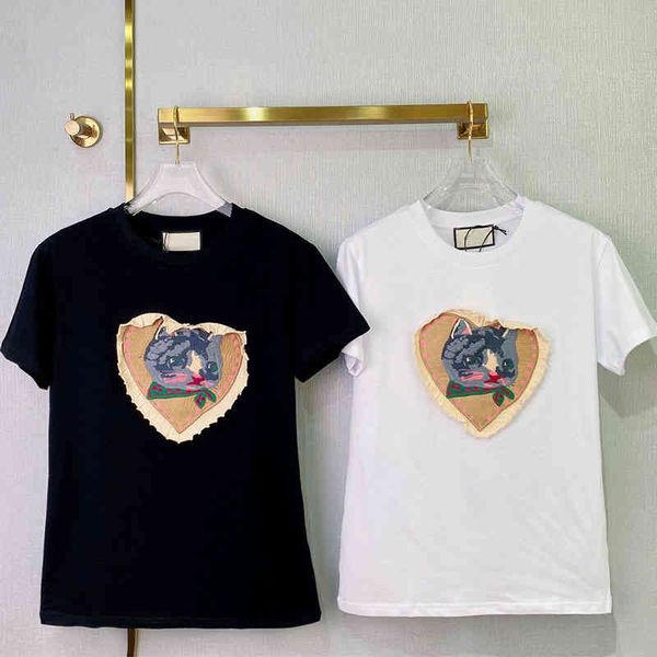 

2022 summer new fashion personality lovely cat embroidery round neck short sleeve t-shirt women's wear, White