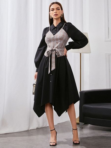 

plaid lantern sleeve asymmetrical hem belted 2 in 1 dress y9lz#, Black;gray