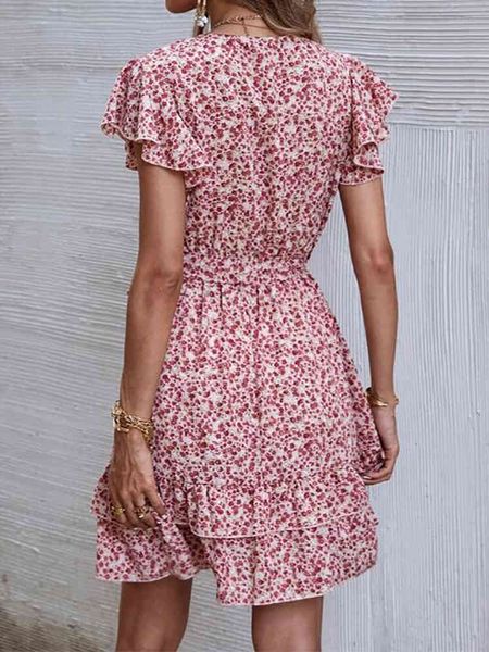

casual dresses floral print dress women summer v neck bandage pink ruffle wrap beach dress casual elegant a-line short dresses 2022 iai8, Black;gray