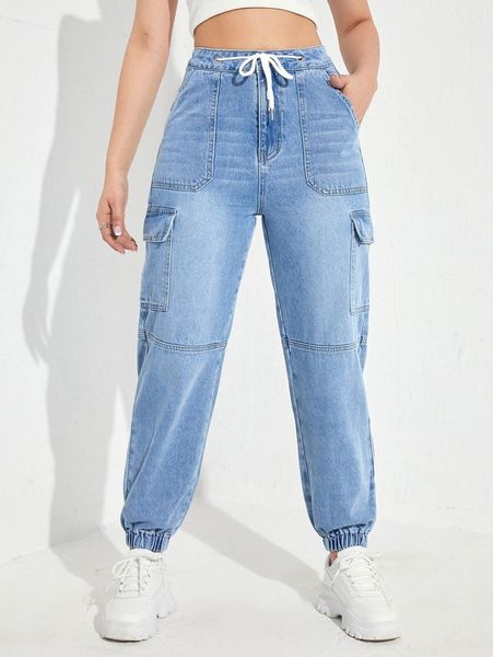 

drawstring waist flap pocket jeans v3il#, Blue