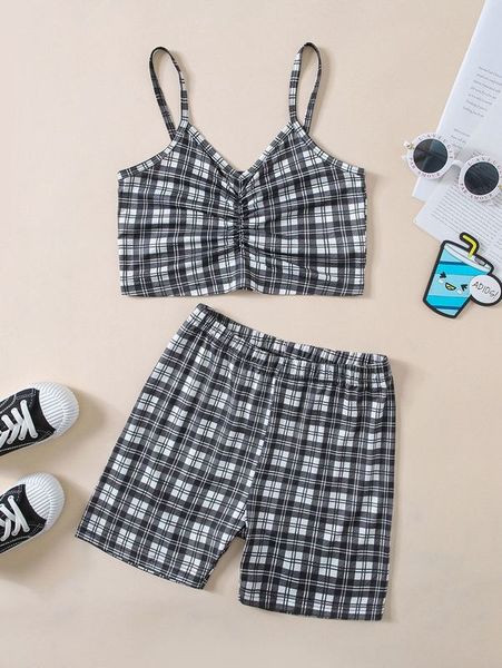 

girls plaid ruched crop cami & shorts she, White