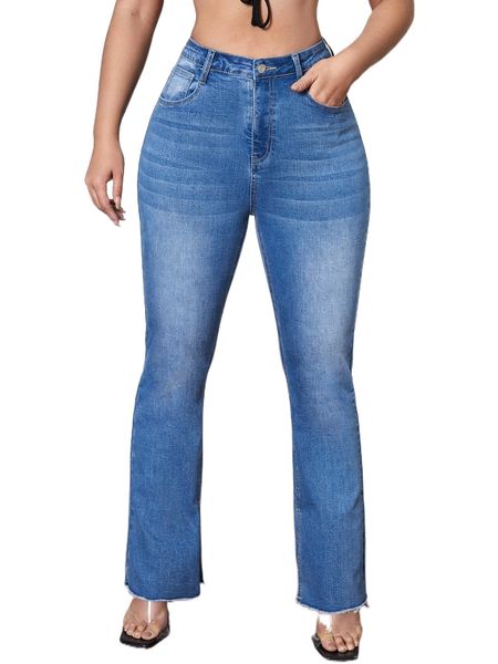 

sxy high waist raw cut split hem bootcut jeans v25l#, Blue