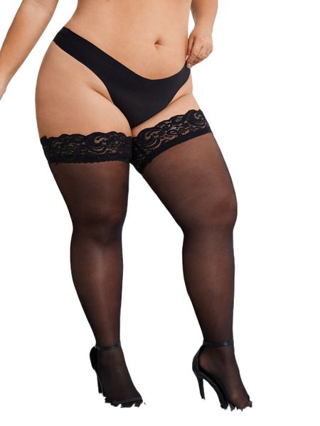 

1pair plus contrast floral lace stocking 13dg#, Black;white