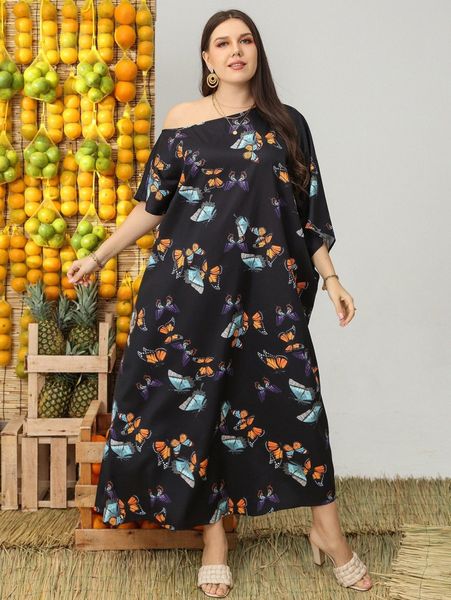

plus allover butterfly print asymmetrical neck dress 84np#, Black