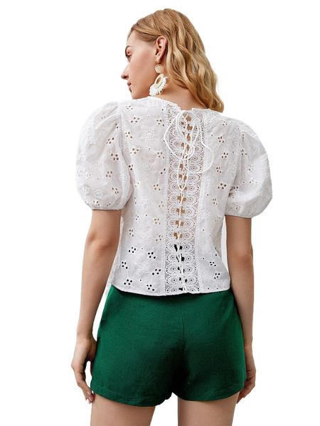 

contrast guipure lace up puff sleeve back embroidery mesh blouse p9yv#, White