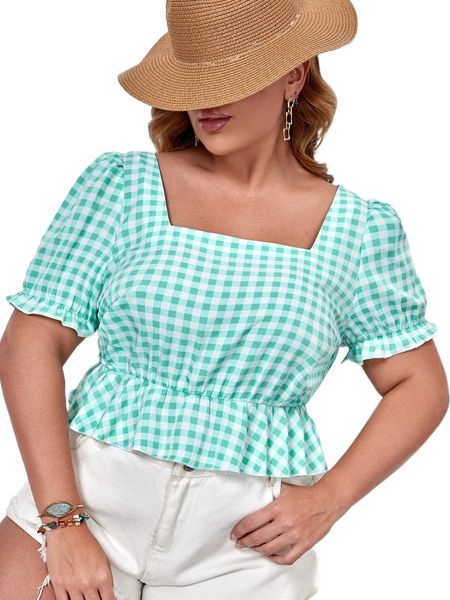 

plus gingham print square neck puff sleeve peplum blouse c4jg#, Black
