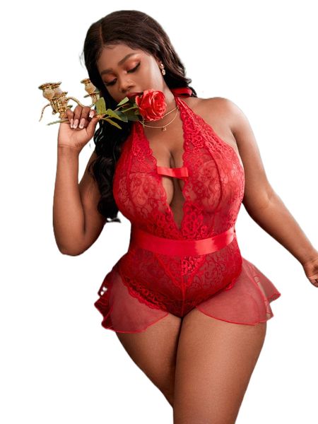 

plus tie backless bow front ruffle trim lace teddy bodysuit a6vv#, Black;white