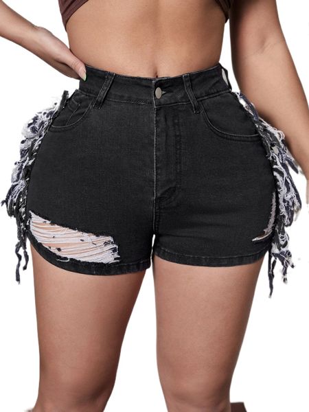

sxy high waist ripped fringe denim shorts x37y#, White;black