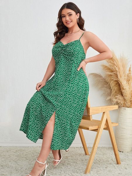 

plus ditsy floral print ruched split hem cami dress l5d1#, Black