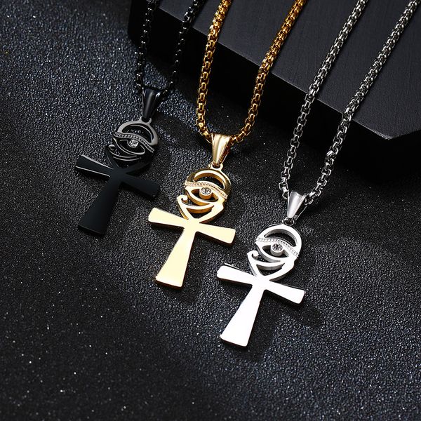 Acciaio inossidabile lucidato Religioso Egiziano Brillante Ankh Collana Pendenti Gioielli religiosi Croce Occhio di Horus Agypt Argento Oro nero Charm Gioiello Pietra CZ