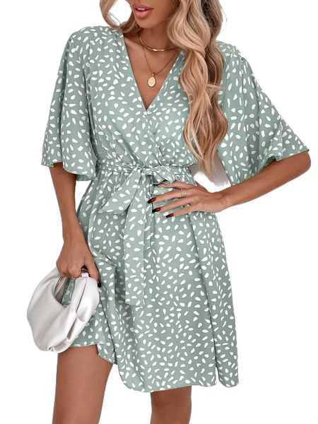 

allover print butterfly sleeve belted dress j1km#, Black;gray