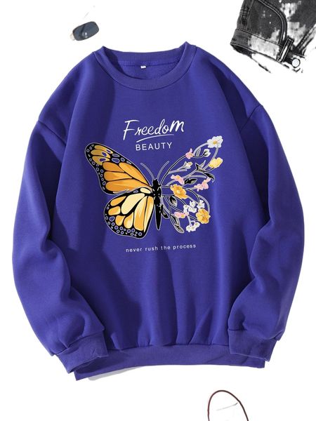 

slogan & butterfly print thermal pullover u7vr#, Black