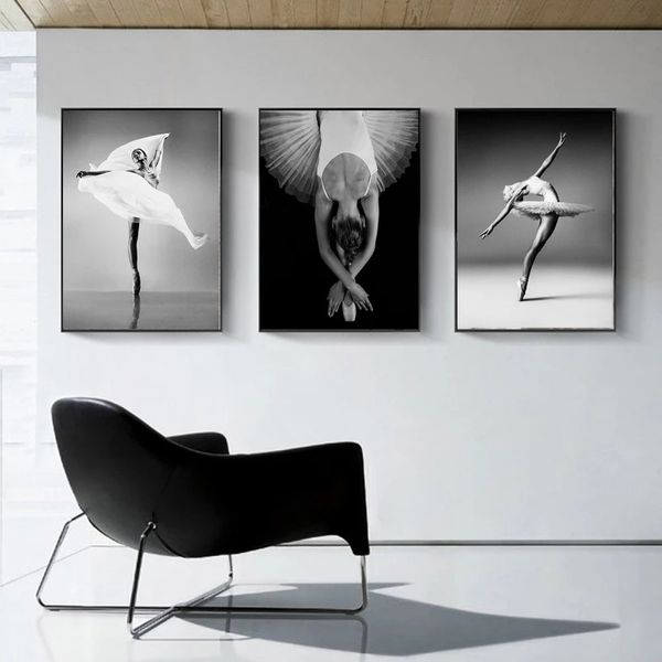 Bianco e nero elegante danza classica ballerina tela pittura poster wall art stile nordico ragazza ritratto immagine decorazioni per la casa