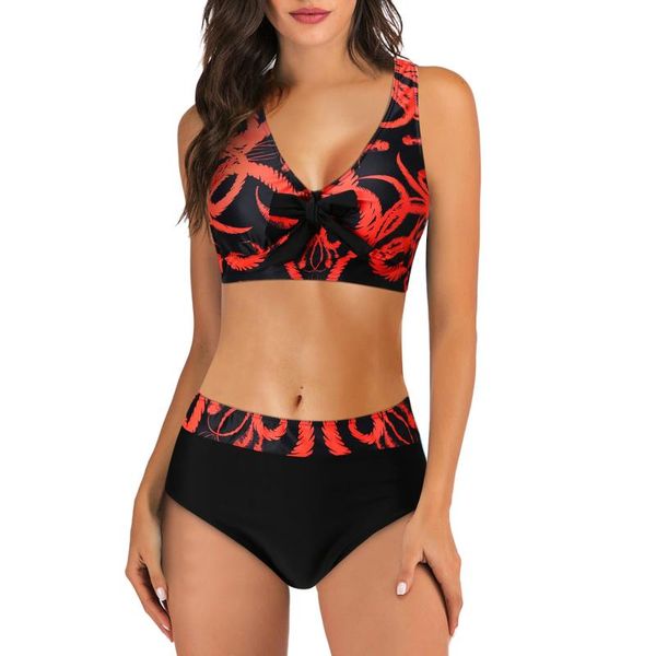 Menas de banho feminina Vintage Swimsuit de duas peças Retro Halter Ruched Wrap Front Women Women Women Print Bikini Conjunto Maillot de Bain Femmewomen's