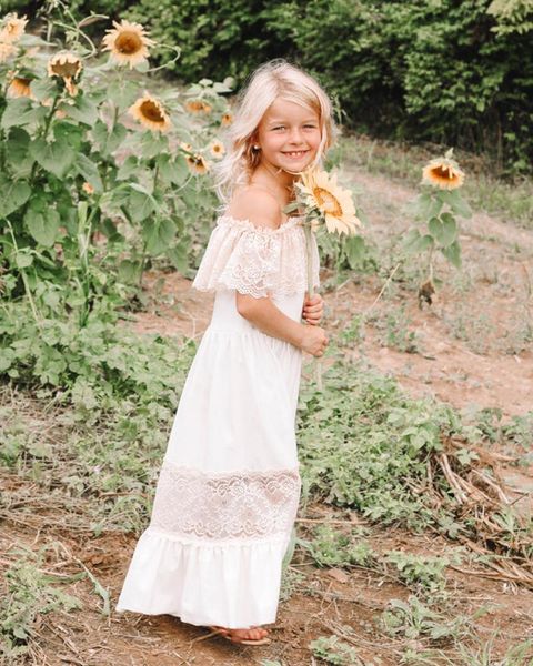 Девушка платья 2-11y малыш с плечами Boho Flower Girl Платье одежды детские дети Принцесса свадебная вечеринка Girl's