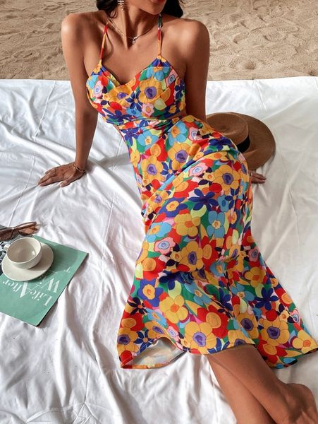 

allover floral criss cross back cami dress u0lu#, Black;gray