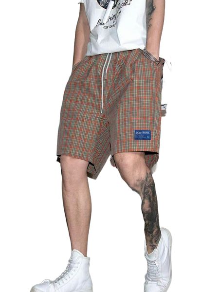 

men plaid patched detail drawstring waist shorts b7jp#, White;black